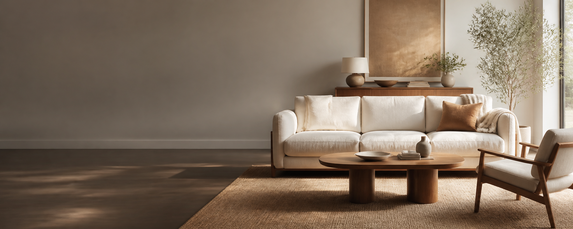 Elegant modern living room with cream sofa, timber furniture and neutral décor uk shopping place online retailer
