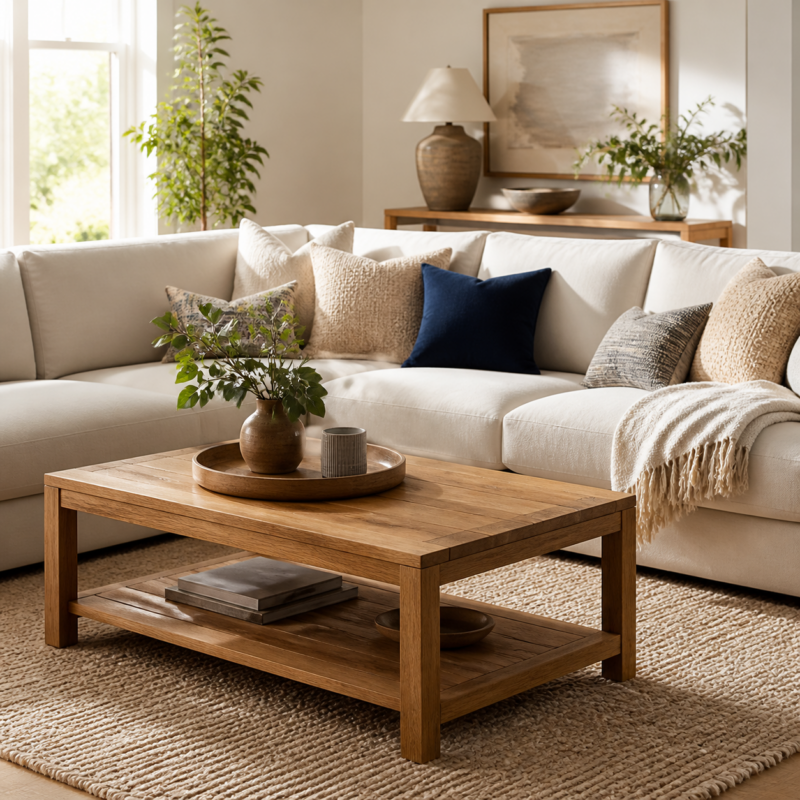 Home and furniture collection with modern cream sofa and oak coffee table uk shopping place