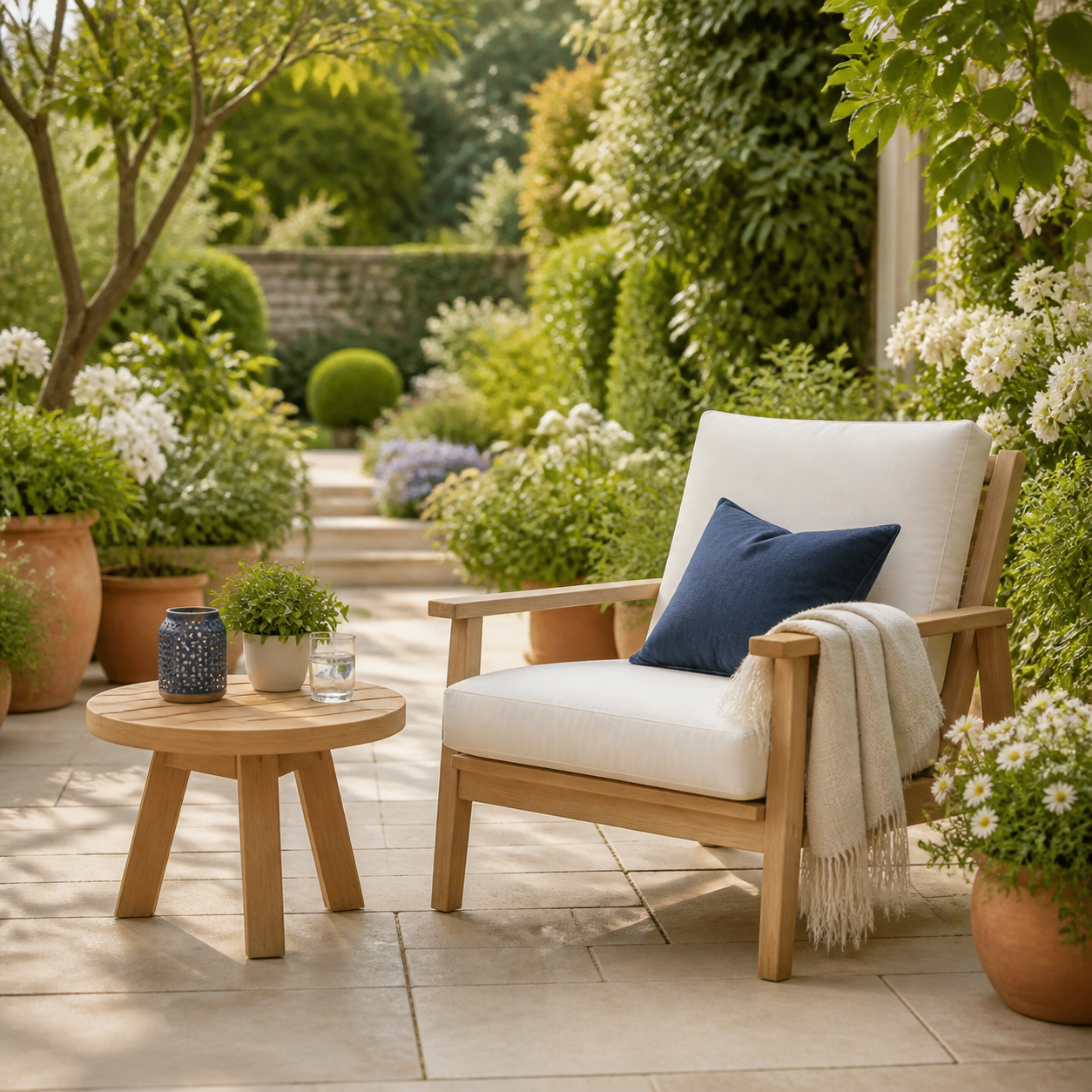 Luxury garden patio with wooden outdoor chair, table, plants and navy cushion UK Shopping Place
