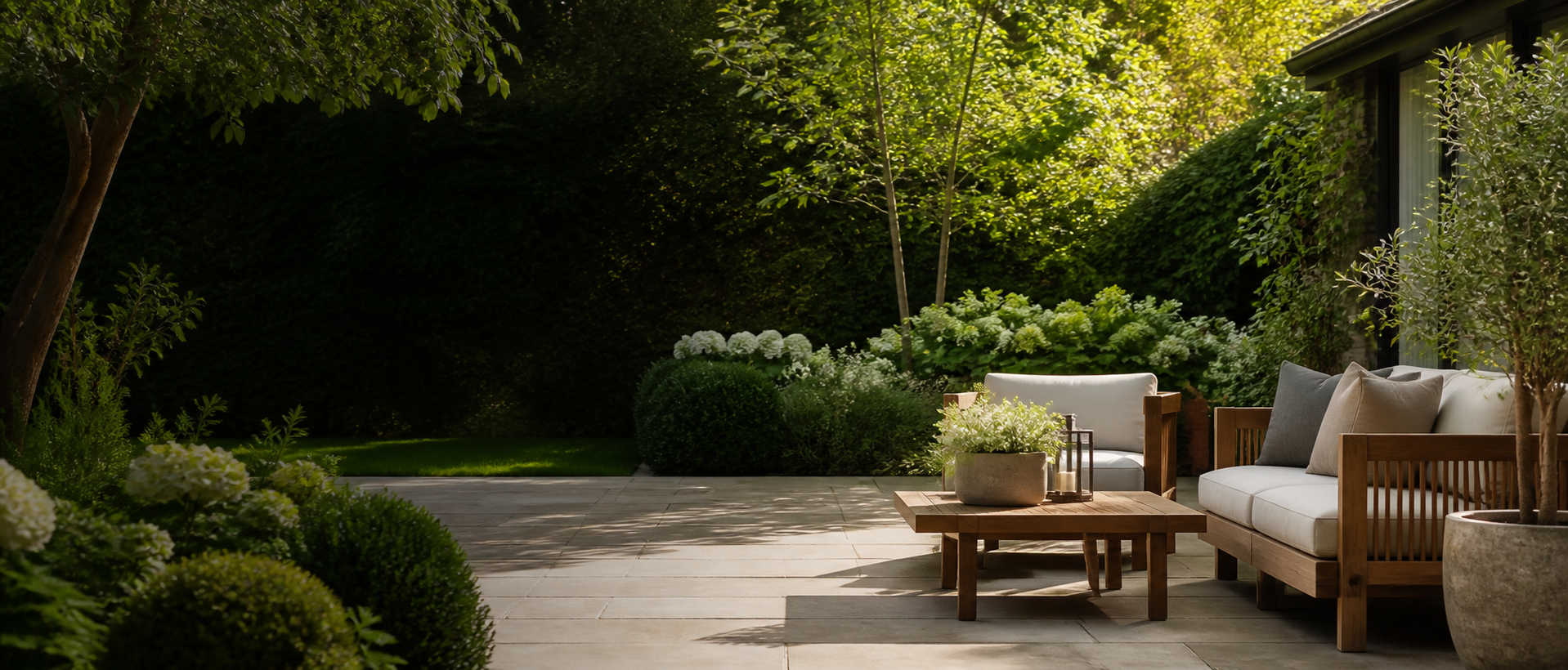 Modern outdoor stone patio with wooden lounge furniture and lush green garden landscaping UK Shopping Place